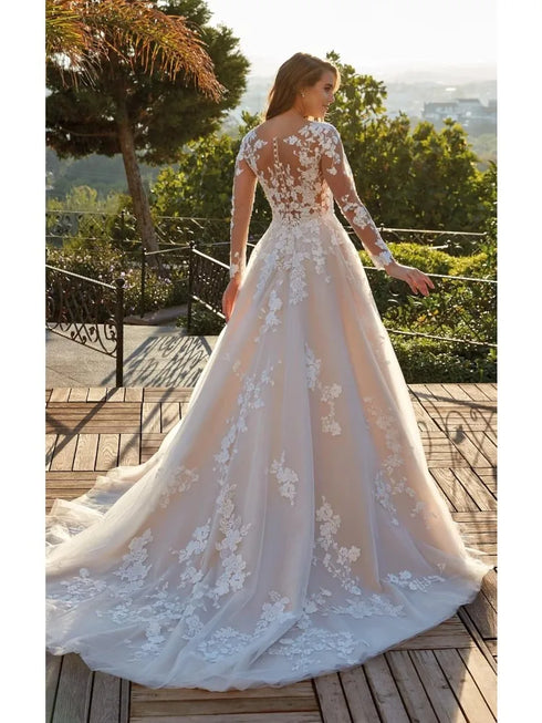 Elegant Sheer O-neck Wedding Dresses for Bride Lace Long Sleeves Appliques A Line Bridal Gowns